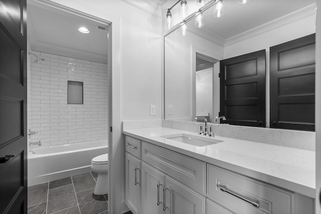 848 Brook Trl, Lebanon, TN 37087 - bathroom with ornamental molding, toilet, vanity, tub / shower combination, and recessed lighting