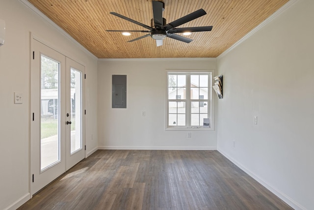 4824 Leipers Creek Rd, Williamsport, TN 38487 - spare room featuring electric panel, crown molding, wooden ceiling, a ceiling fan, and dark wood finished floors