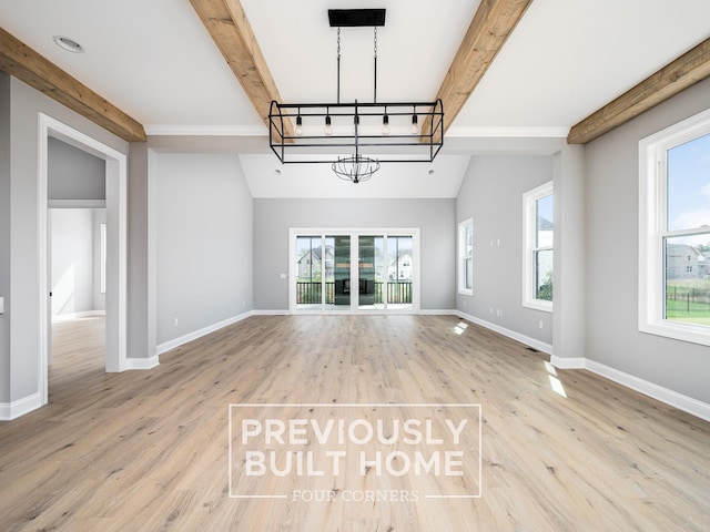 5517 Sinclair St, Murfreesboro, TN 37127 - unfurnished living room with wood finished floors, a chandelier, and beamed ceiling