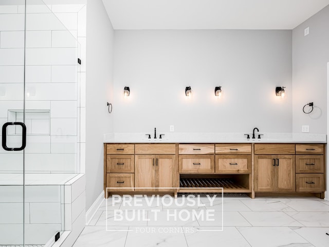 5517 Sinclair St, Murfreesboro, TN 37127 - bathroom featuring a shower stall, marble finish floors, and double vanity