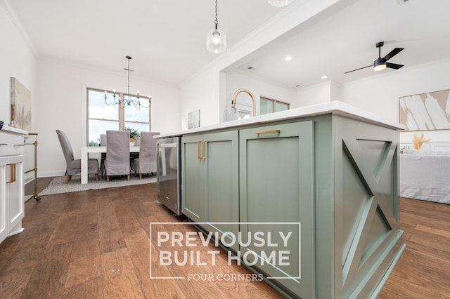 5520 Sinclair St, Murfreesboro, TN 37127 - kitchen with green cabinets, ornamental molding, dark wood-style floors, a chandelier, and pendant lighting