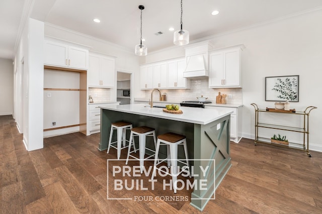 5520 Sinclair St, Murfreesboro, TN 37127 - kitchen with custom exhaust hood, a sink, white cabinetry, tasteful backsplash, and a center island with sink