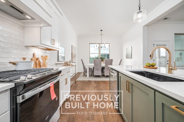 5520 Sinclair St, Murfreesboro, TN 37127 - kitchen featuring stainless steel appliances, ornamental molding, dark wood finished floors, light countertops, and a sink