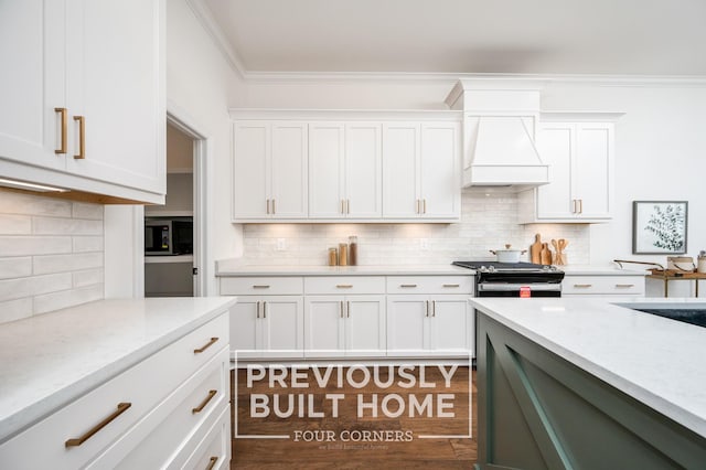 5520 Sinclair St, Murfreesboro, TN 37127 - kitchen featuring black electric range oven, decorative backsplash, ornamental molding, white cabinetry, and custom exhaust hood