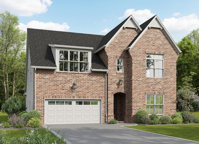 view of front facade featuring an attached garage, concrete driveway, a shingled roof, and brick siding
