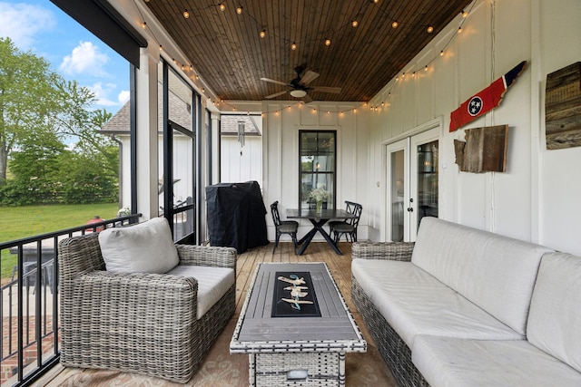 273 Halltown Rd, Cottontown, TN 37048 - sunroom / solarium with an outdoor hangout area, a ceiling fan, and french doors