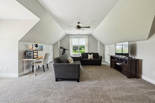 273 Halltown Rd, Cottontown, TN 37048 - carpeted living room with vaulted ceiling, a ceiling fan, and baseboards