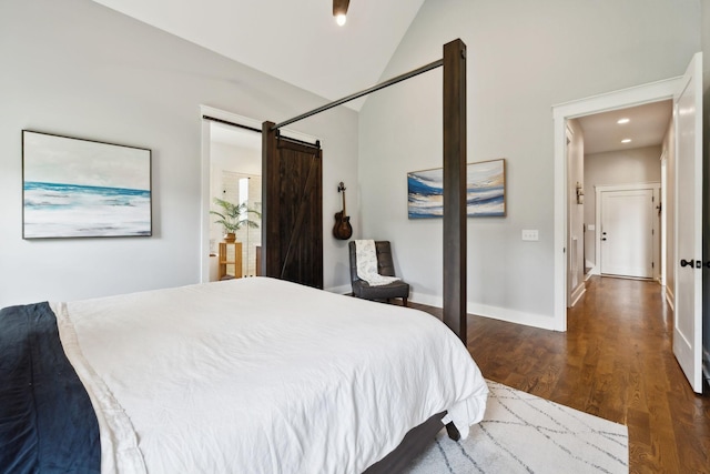 273 Halltown Rd, Cottontown, TN 37048 - bedroom featuring wood finished floors, baseboards, high vaulted ceiling, recessed lighting, and a barn door