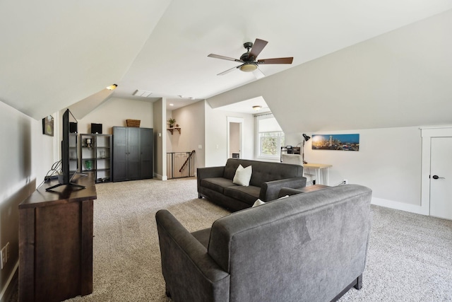 273 Halltown Rd, Cottontown, TN 37048 - carpeted living room featuring vaulted ceiling, ceiling fan, and baseboards
