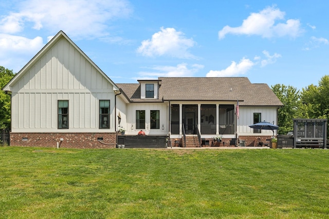 273 Halltown Rd, Cottontown, TN 37048 - back of house featuring board and batten siding, a shingled roof, a sunroom, crawl space, and a yard