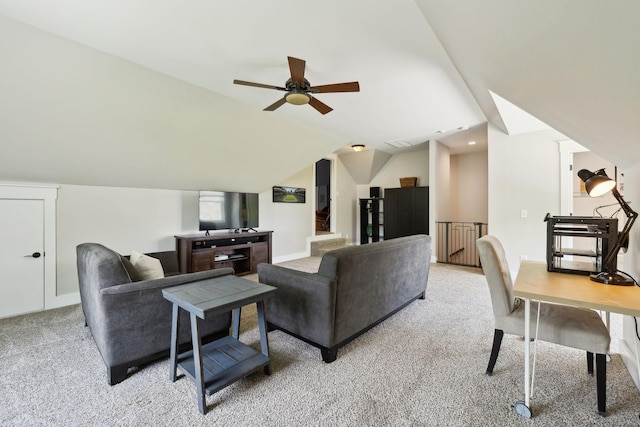 273 Halltown Rd, Cottontown, TN 37048 - living area featuring light colored carpet, a ceiling fan, lofted ceiling, and baseboards