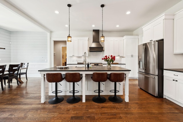 273 Halltown Rd, Cottontown, TN 37048 - kitchen featuring stainless steel fridge, custom range hood, dark countertops, a sink, and recessed lighting