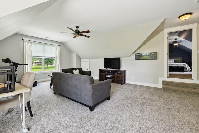 273 Halltown Rd, Cottontown, TN 37048 - living room featuring a ceiling fan, carpet flooring, lofted ceiling, and baseboards