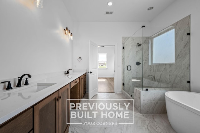 5532 Sinclair St, Murfreesboro, TN 37127 - full bathroom featuring a freestanding bath, a marble finish shower, double vanity, and baseboards