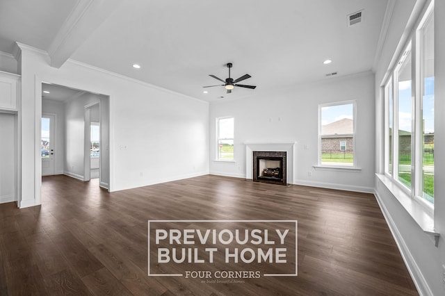 5532 Sinclair St, Murfreesboro, TN 37127 - unfurnished living room with dark wood-type flooring, ceiling fan, a high end fireplace, ornamental molding, and recessed lighting
