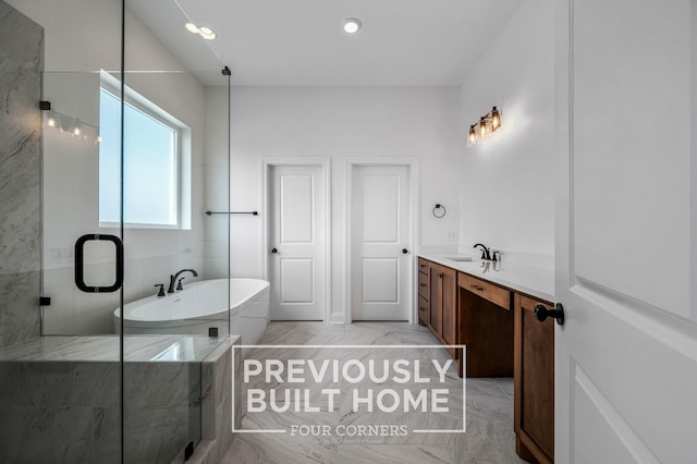 5532 Sinclair St, Murfreesboro, TN 37127 - bathroom with a freestanding tub, marble look tile flooring, vanity, and recessed lighting