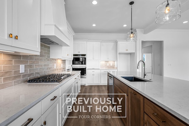 5532 Sinclair St, Murfreesboro, TN 37127 - kitchen with a sink, ornamental molding, stainless steel appliances, custom exhaust hood, and white cabinetry