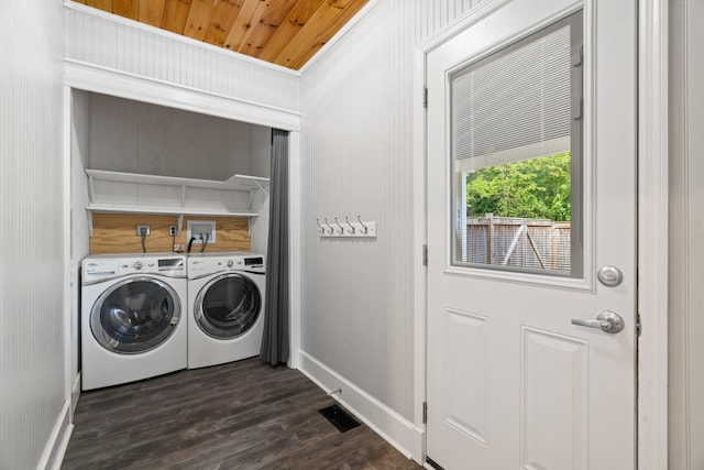 208 Meadowgreen Dr, Franklin, TN 37069 - clothes washing area with washer and clothes dryer, baseboards, dark wood-style flooring, and wood ceiling