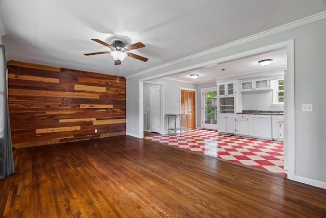 208 Meadowgreen Dr, Franklin, TN 37069 - unfurnished living room featuring ceiling fan, baseboards, ornamental molding, and wood finished floors