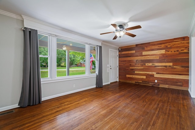 208 Meadowgreen Dr, Franklin, TN 37069 - unfurnished room featuring ornamental molding, a ceiling fan, wood finished floors, baseboards, and wood walls