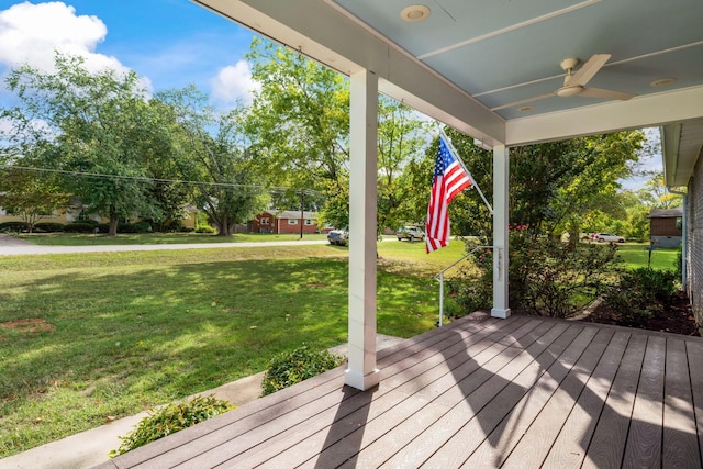 208 Meadowgreen Dr, Franklin, TN 37069 - wooden deck featuring ceiling fan, a lawn, and a porch
