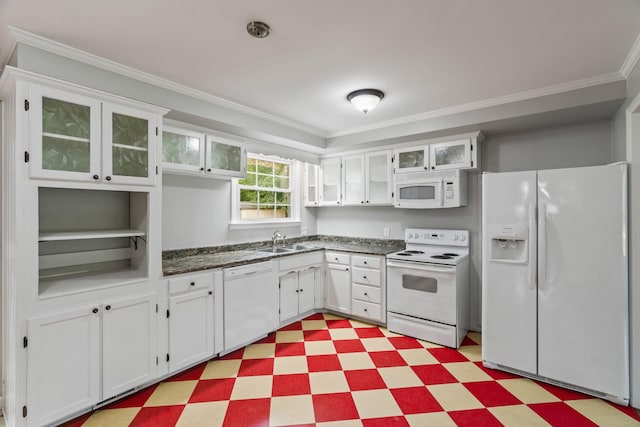 208 Meadowgreen Dr, Franklin, TN 37069 - kitchen with white appliances, light flooring, a sink, ornamental molding, and white cabinetry