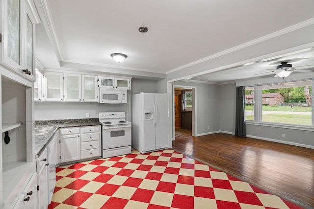 208 Meadowgreen Dr, Franklin, TN 37069 - kitchen featuring white appliances, light floors, white cabinetry, baseboards, and glass insert cabinets