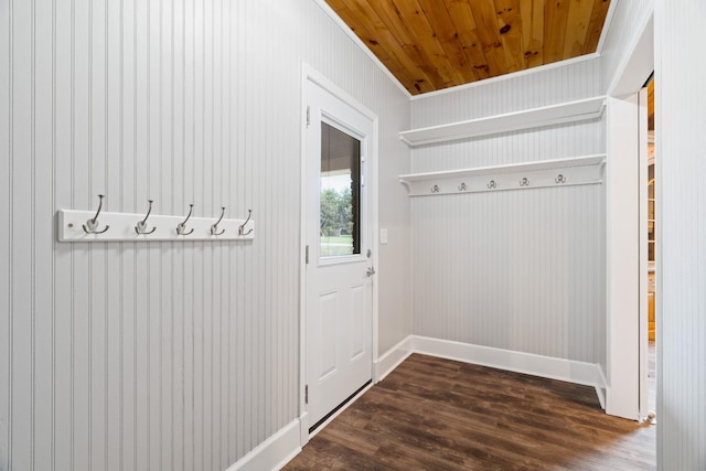 208 Meadowgreen Dr, Franklin, TN 37069 - mudroom featuring wooden ceiling, dark wood-type flooring, ornamental molding, and baseboards