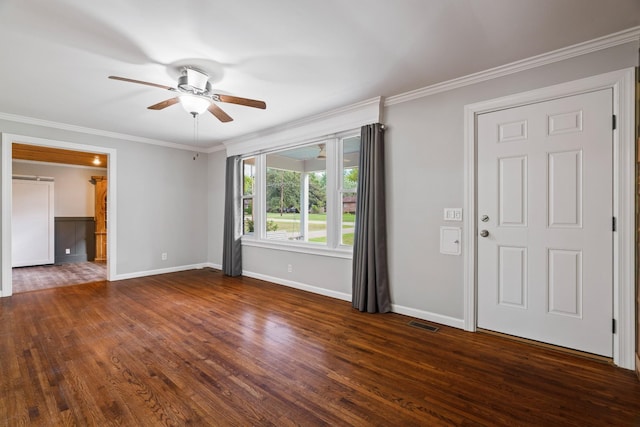 208 Meadowgreen Dr, Franklin, TN 37069 - unfurnished room with a ceiling fan, baseboards, dark wood-style floors, and ornamental molding