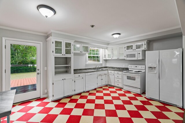 208 Meadowgreen Dr, Franklin, TN 37069 - kitchen featuring white appliances, light floors, crown molding, dark countertops, and white cabinetry