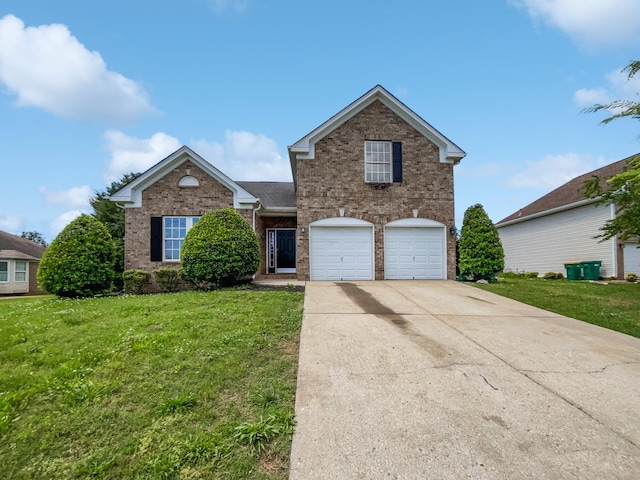 traditional-style home with brick siding, a front lawn, driveway, and a garage