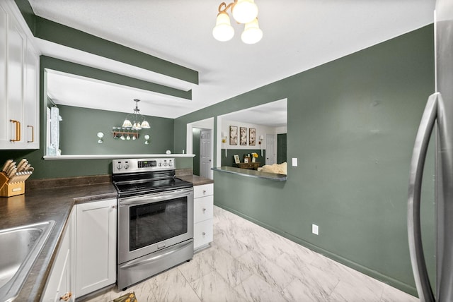 kitchen with stainless steel electric stove, white cabinetry, a chandelier, dark countertops, and light marble finish flooring
