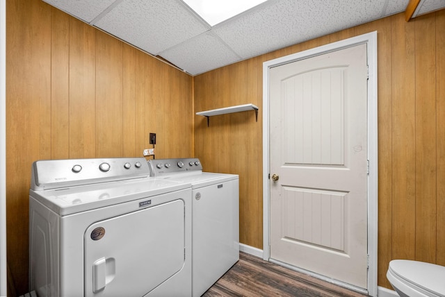 laundry area featuring independent washer and dryer, dark wood-style floors, and wood walls