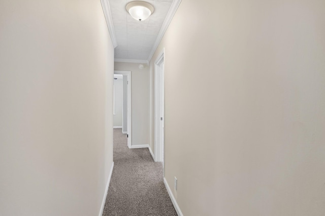 hallway with crown molding, carpet, and baseboards