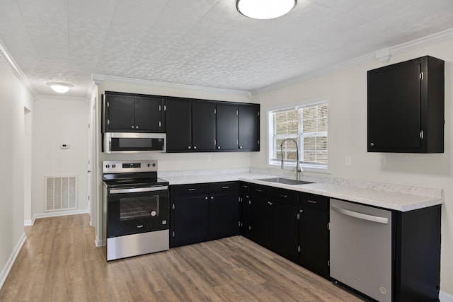 kitchen with appliances with stainless steel finishes, dark cabinetry, a sink, light wood-style flooring, and light countertops