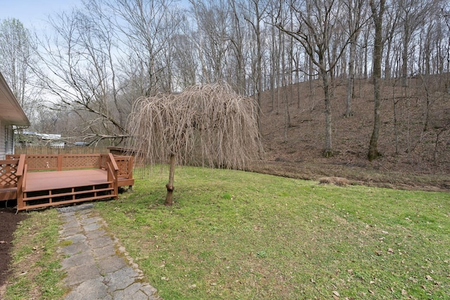 view of grassy yard featuring a wooden deck