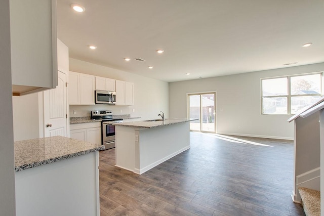 4017 Roane Dr, White House, TN 37188 - kitchen with appliances with stainless steel finishes, a sink, dark wood-style floors, light stone counters, and recessed lighting