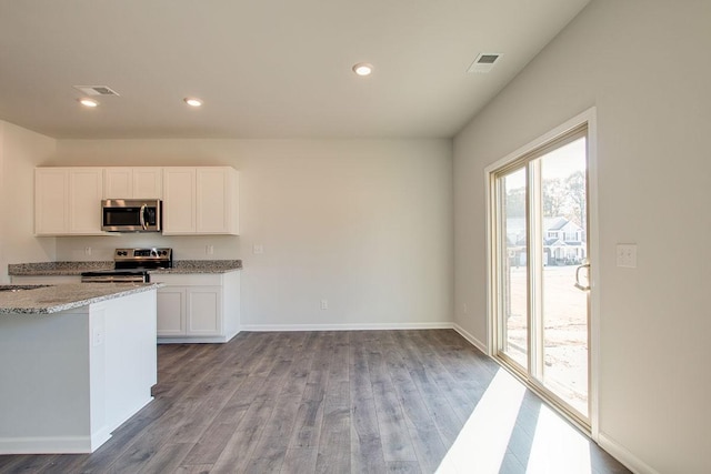 4017 Roane Dr, White House, TN 37188 - kitchen with appliances with stainless steel finishes, light wood-style flooring, white cabinets, light stone countertops, and recessed lighting