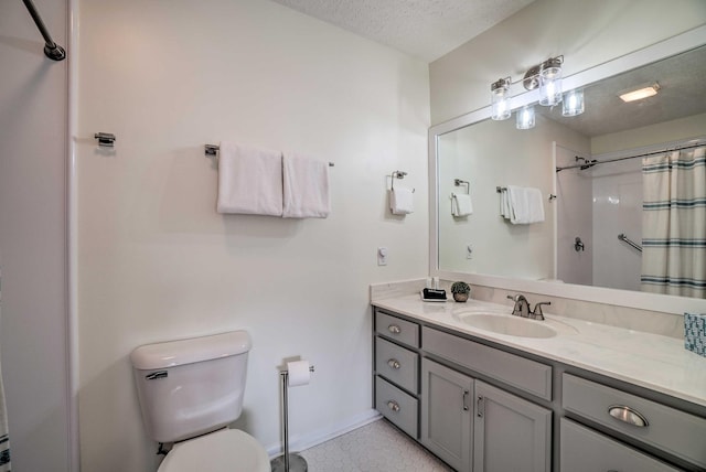 bathroom with toilet, a textured ceiling, tile patterned flooring, vanity, and a shower with curtain