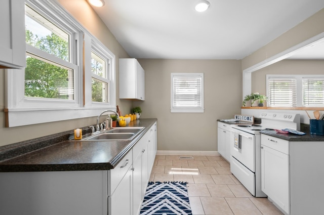 407 High St, Dickson, TN 37055 - kitchen with electric range, a sink, dark countertops, and white cabinets