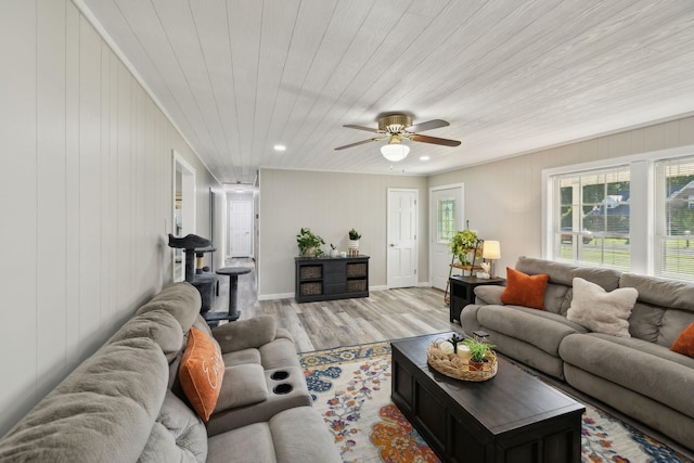 living area featuring light wood-style flooring, a ceiling fan, wooden walls, wood ceiling, and recessed lighting