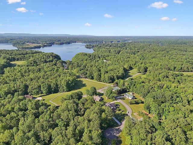view of property location with a heavily wooded area and a nearby body of water