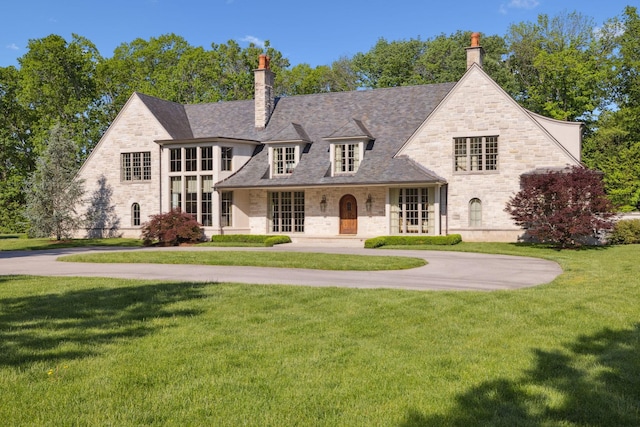 french provincial home with stone siding, a chimney, a front lawn, and curved driveway