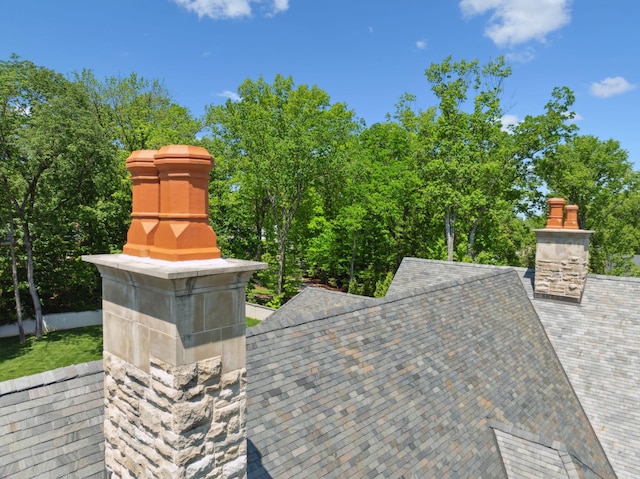 exterior view of a chimney and a shingled roof