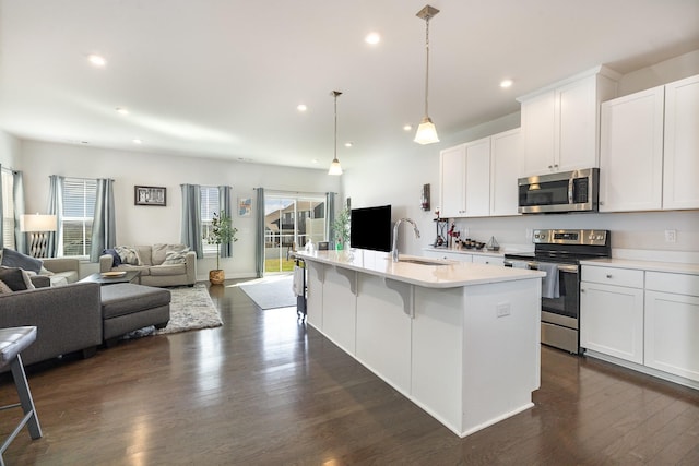 kitchen featuring stainless steel appliances, open floor plan, a sink, plenty of natural light, and recessed lighting
