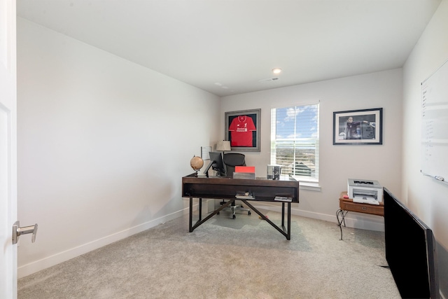 home office with light colored carpet, baseboards, and recessed lighting