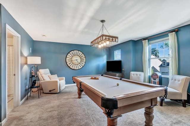 recreation room with carpet flooring, billiards table, and baseboards