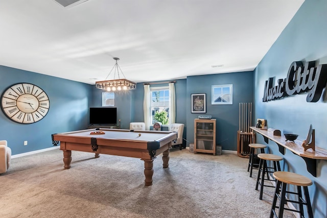 playroom featuring pool table, carpet flooring, and baseboards