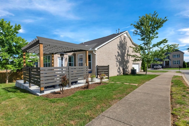 view of property exterior with brick siding, cooling unit, and an attached garage