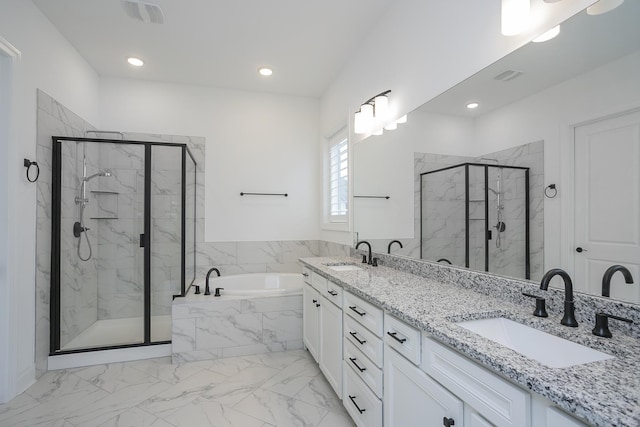 928 Tynan Way, Nolensville, TN 37135 - full bath with a marble finish shower, a bath, marble finish flooring, double vanity, and recessed lighting
